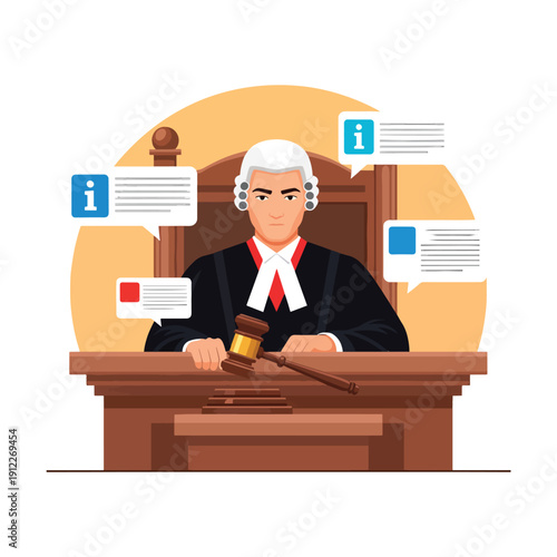 Judge presides over legal proceedings in court, holding gavel, with information