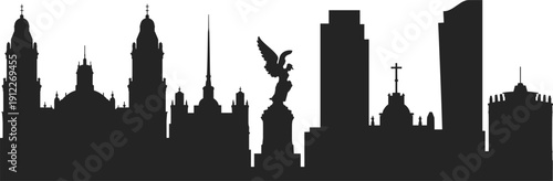 Mexico City skyline silhouette with historic cathedral towers and Angel of Independence monument, urban architecture panorama illustration isolated on white background.