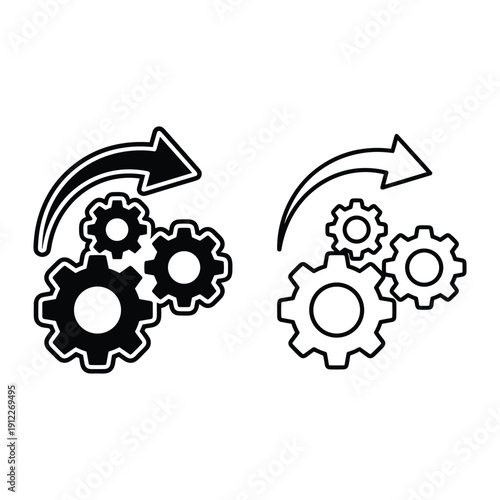 Set of black and white cogwheel icons representing automation and technical system development