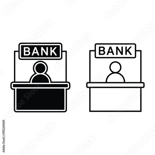 Bank teller counter icon set with person behind desk and sign
