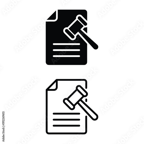 Black solid and outline icons paper document with gavel for legal work