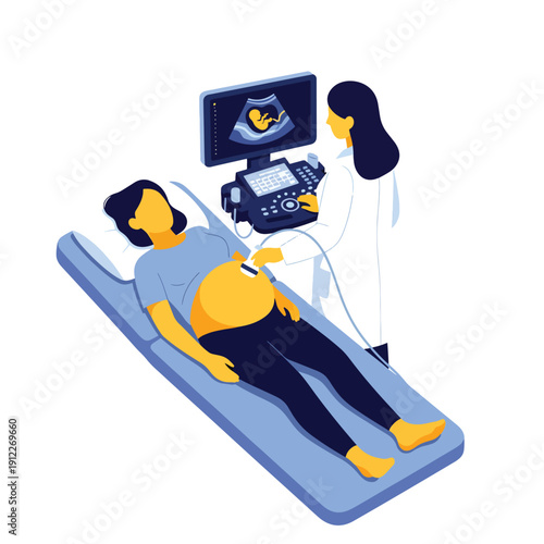 Prenatal ultrasound scan of a pregnant woman by a medical expert in a healthcare setting.