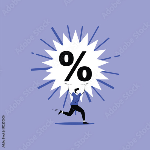 Dynamic illustration of a running person carrying a large, bursting percentage symbol for sales.