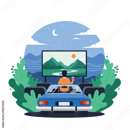 Person enjoying an outdoor night movie from a car at a drive-in theater, vector illustration.