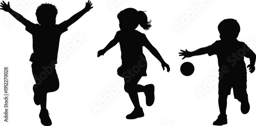 Silhouette of happy children playing and running with ball, active kids outdoor game concept, childhood fun and energy illustration isolated on white background.