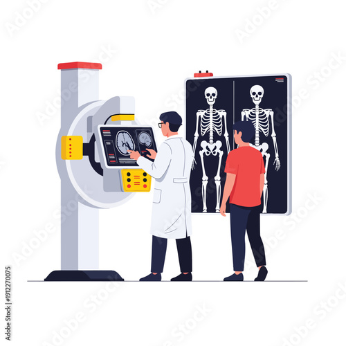 Doctor Explaining Brain Scan and Skeletal X-rays to Patient in Medical Clinic