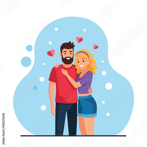 Romantic Illustration of a Cheerful Couple Hugging on an Abstract Blue Background
