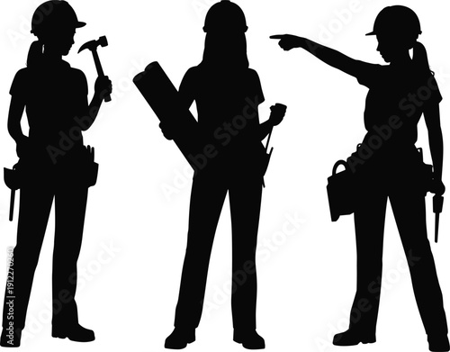Silhouette of female construction workers with tools and helmet, teamwork and engineering concept, professional builders on job site illustration isolated on white background.