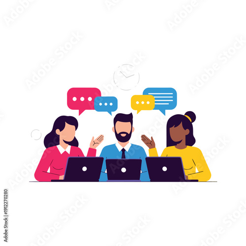 Diverse Business Team Collaborating, Communicating Online with Laptops - Vector Illustration
