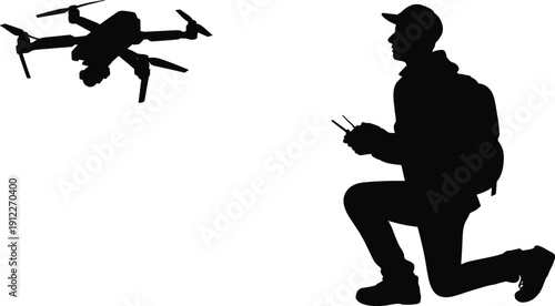 Silhouette of man controlling drone with remote controller, quadcopter flight technology concept, UAV pilot operating aerial camera illustration isolated on white background.