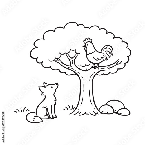 Aesop’s fable The Cock and the Fox vector illustration. Fairy tale line art doodle in hand-drawn ink style, perfect for children’s stories and educational use. Transparent background.