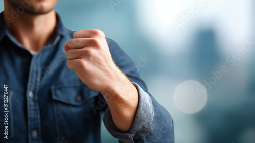 Hand striking strength pose with arm bent position person demonstrating power gesture for celebration empowerment observance with confident stance shown neutral background with