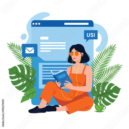 Relaxed woman reading a book, listening to music, and engaging with digital content