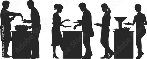 Silhouette of people serving food at buffet table, catering and restaurant self service concept, customers holding plates in dining line illustration isolated on white background.