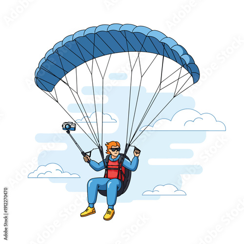 Adventurous person paragliding in blue sky, capturing aerial selfie. Vector illustration of extreme sport.