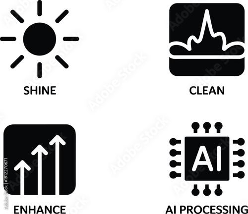 Essential black glyph icons demonstrating AI processing capabilities, image enhancement, noise reduction, and brightness control for advanced digital software interfaces.