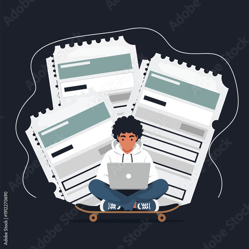Casual young person on skateboard managing documents with laptop; digital finance illustration