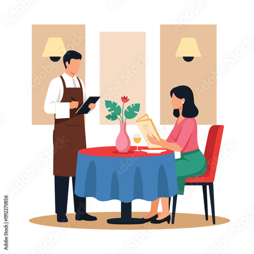 Restaurant Service: Waiter Taking Order from Woman Customer Dining Indoors - Flat Vector Illustration