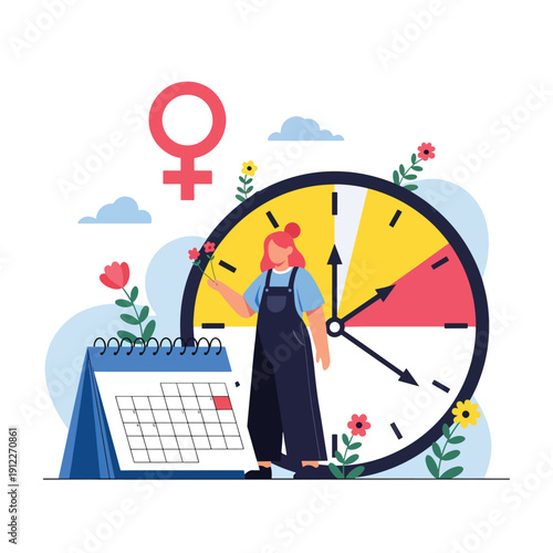Woman Tracking Reproductive Cycle with Calendar and Biological Clock Illustration