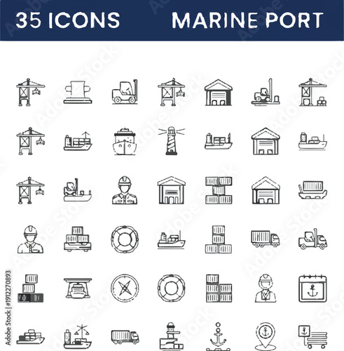 Vector line art icons depicting marine port activities, including cargo ships, cranes, warehouses, and dock workers, isolated on a transparent background.