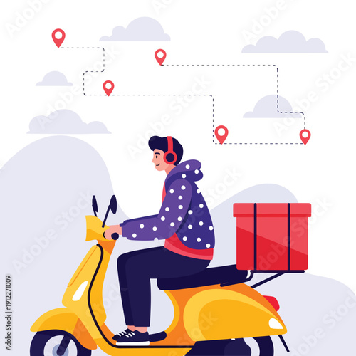 Urban delivery service: Person on scooter navigating city streets for package transport