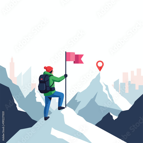 Adventurer plants flag on a high snowy mountain peak, symbolizing success and goal achievement.