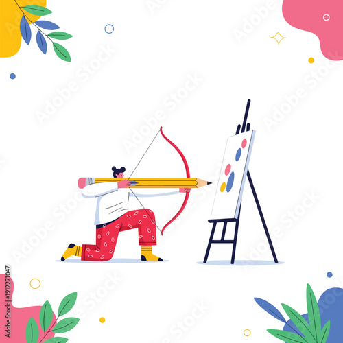 Focused artist aiming a large pencil arrow at a colorful canvas on an easel, representing creative goals, vector illustration.