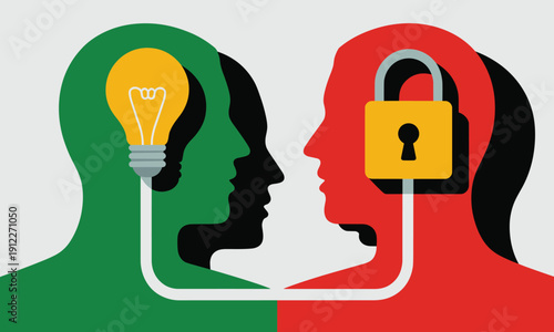 Conceptual illustration showing a glowing idea lightbulb attempting to connect to a locked silhouette head with a padlock, representing intellectual property security and communication barriers.