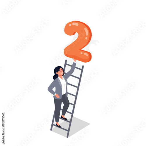 Determined businesswoman reaching a second milestone on a ladder of progress, vector illustration