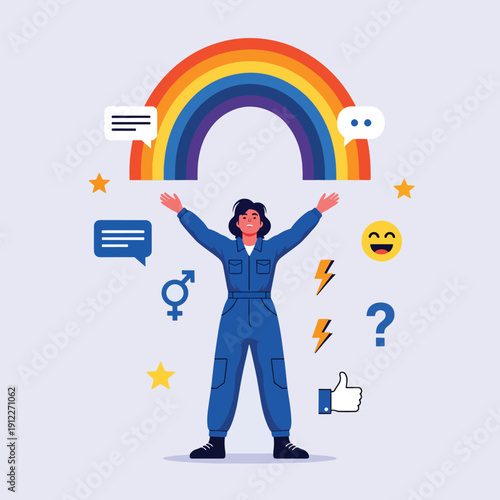 Conceptual vector graphic: individual embracing social concepts, innovation, and communication