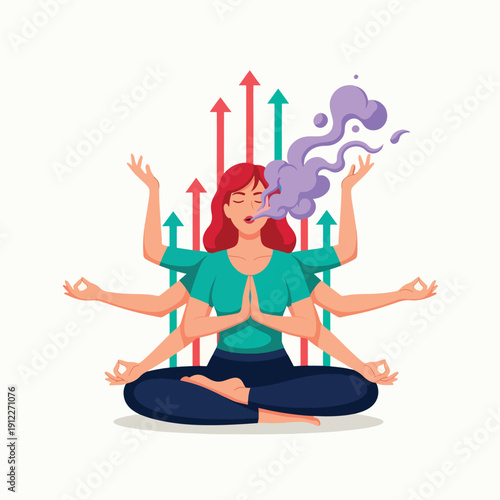 Woman meditates with multiple arms, exhaling smoke, surrounded by upward arrows symbolizing growth and progress