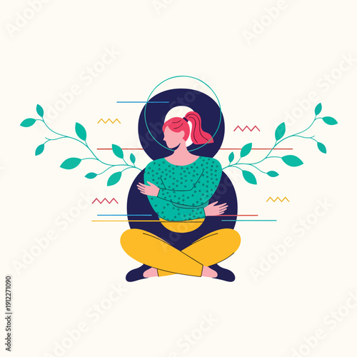Abstract vector of a woman embracing self-care, symbolizing wellness, nature, and female strength.