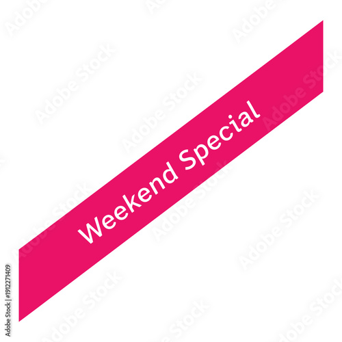 Eye-catching pink diagonal vector ribbon with 'Weekend Special' text, ideal for sales and promotions, isolated on white.