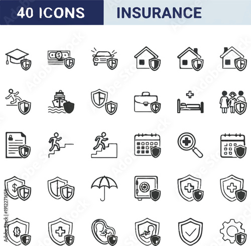 A vector icon set featuring forty charcoal line art symbols representing various insurance types, including car, home, health, travel, and life coverage, isolated on a transparent background.