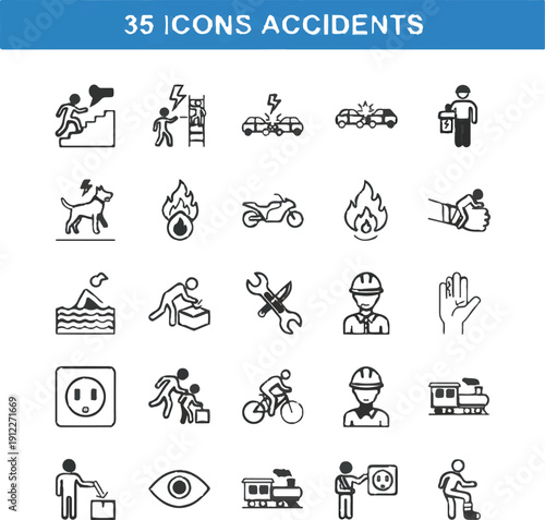 Vector icon set depicting various accidents and hazards, including car crashes, fire, electrocution, dog bites, and workplace safety, isolated on a white background.
