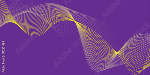 Abstract purple and gold wavy line art background, elegant yellow mesh flowing curves on violet for luxury tech design
