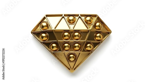 Luxurious 3D Golden Diamond Icon with Geometric Facets and Embedded Spheres Isolated on White
