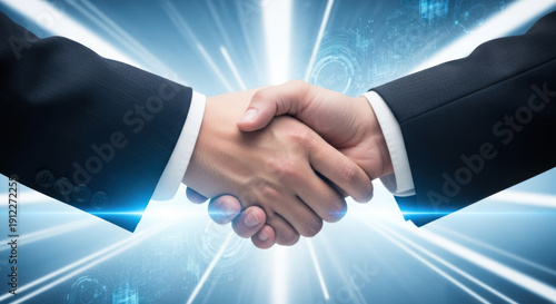 Two people in suits shaking hands with digital background.