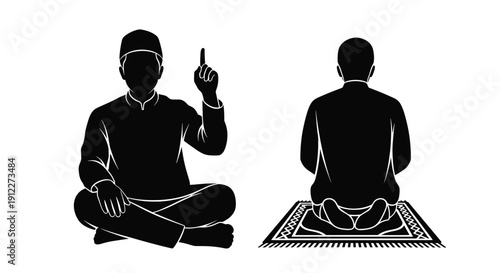 Black and white illustration of Muslim man praying on prayer mat