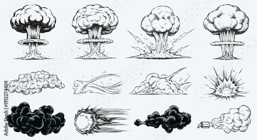 A hand-drawn sketch style collection of dynamic explosion and smoke effects, featuring detailed nuclear mushroom clouds, fiery bursts, high-speed meteor trails, and billowing dust clouds in vintage bl