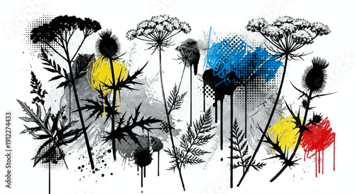 Abstract grunge botanical illustration featuring black silhouetted thistles and wildflowers layered with vibrant primary color ink splatters, dripping paint, and graphic halftone dot textures.