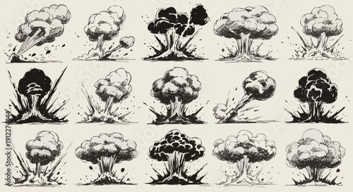 Collection of hand-drawn explosion sketches featuring dynamic mushroom clouds, bomb blasts, bursting smoke plumes, and flying debris in a black and white ink line art style suitable for comic books, s