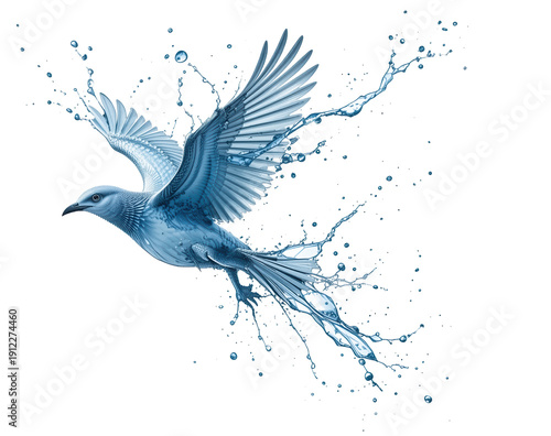 Bird in flight morphing into a water splash isolated on transparent background. Freedom concept. 
