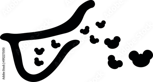 Scheme of scale of male pine cone with flying pollen grains of pine isolated on white background