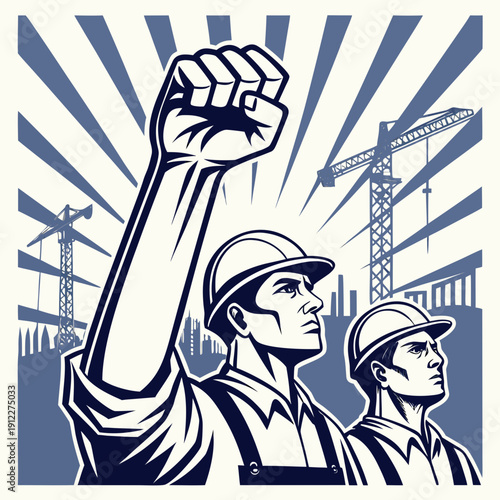 Workers raising solidarity fist against construction background, labor union propaganda poster.