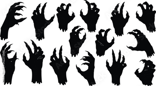 Halloween spooky zombie hands silhouette set, creepy monster claws reach out, scary undead hands collection, dark horror aesthetic, cad drawing flat vector illustration