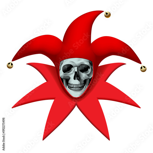 Engraved human skull full face in a red Joker hat in 3D style isolated on white. Vector illustration