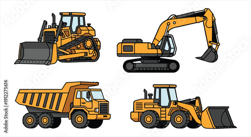 Construction Vehicle Icon Set – Heavy Machinery Line Vector for Engineering and Infrastructure Work