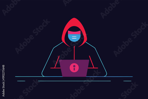 Anonymous digital hacker wearing a mask in a dark virtual environment, actively engaging with a glowing laptop, symbolizing data security risks and online privacy threats