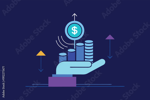 Digital illustration of financial growth, investment success, with a hand holding rising coins and an upward dollar symbol, symbolizing profit and prosperity